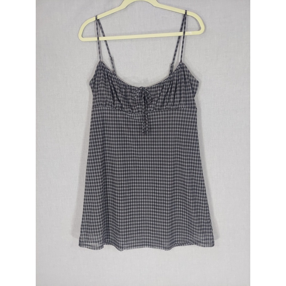 Aeropostale Y2K Gingham Babydoll Mini Cami Dress M Gray Black Mesh Coquette